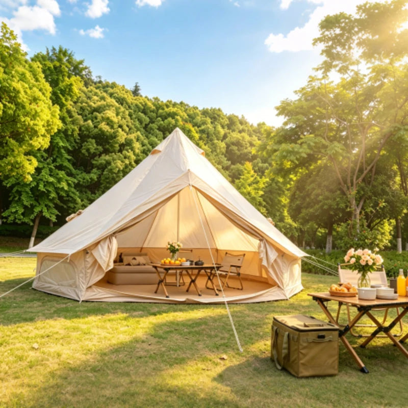 Beige 13.1FT Oxford Bell Tent with Stove Jack, Waterproof 4 Season Large Yurt Hot Tent, Spacious Glamping Camping Shelter for 4-8 Persons Outdoor Family Party Travel