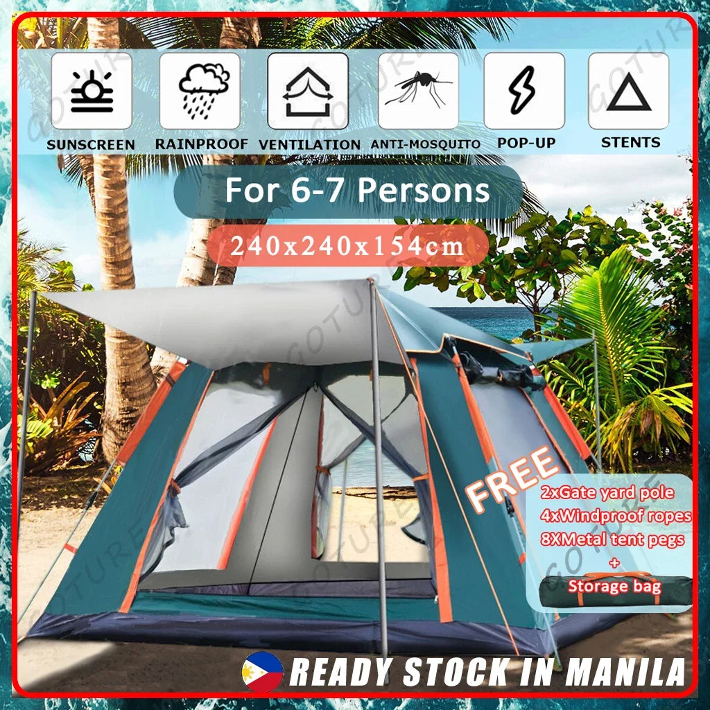 Goture 6-7Person Waterproof Automatic Tent 240*240*150cm Double Layer Camping Tent Outdoor Dome Camping Family Tent Couple Tents