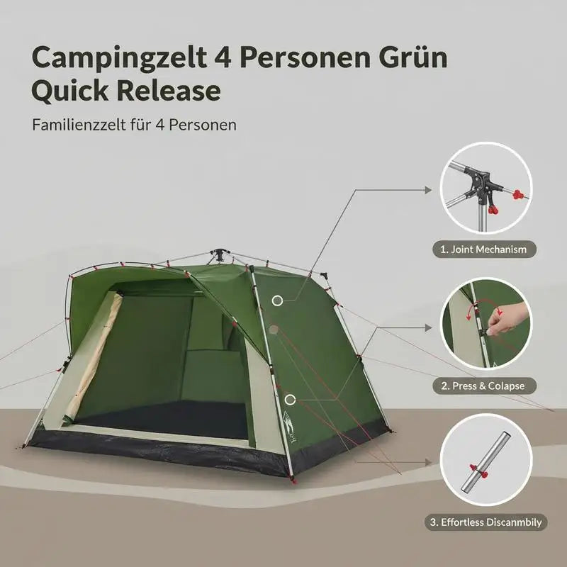 4-Person Camping Tent with Fast-Pitch System & Double Entrance - Polyester Tent for Outdoor Adventures