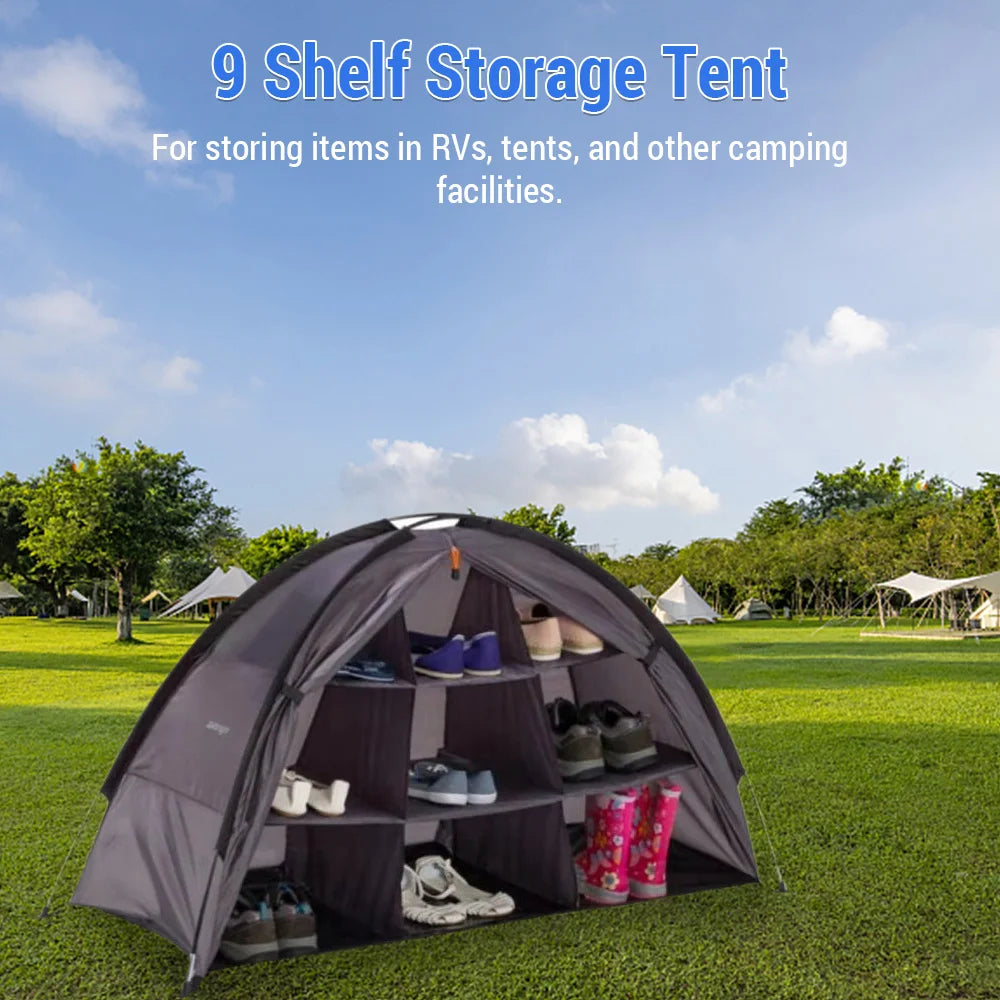 Outdoor Storage Tent Waterproof Compact and Portable Camping Storage Cabinet Tent with 9 Shelves Multifunctional Foldable Tent