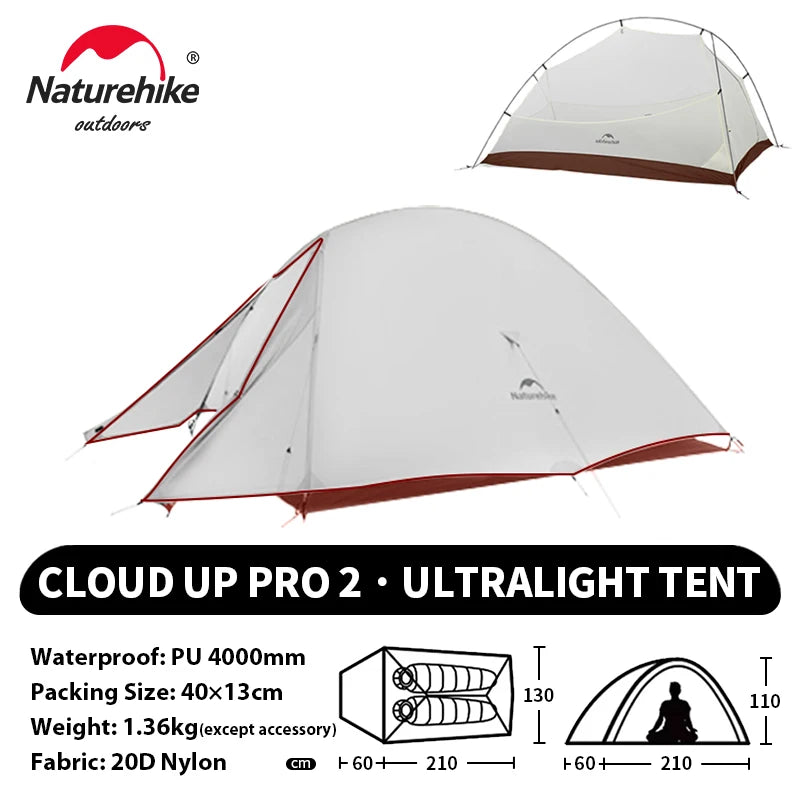 Naturehike Cloud Up 2 People Tent Ultralight 20D Camping Tent Waterproof Outdoor Hiking Travel Backpacking Cycling Fishing Tents