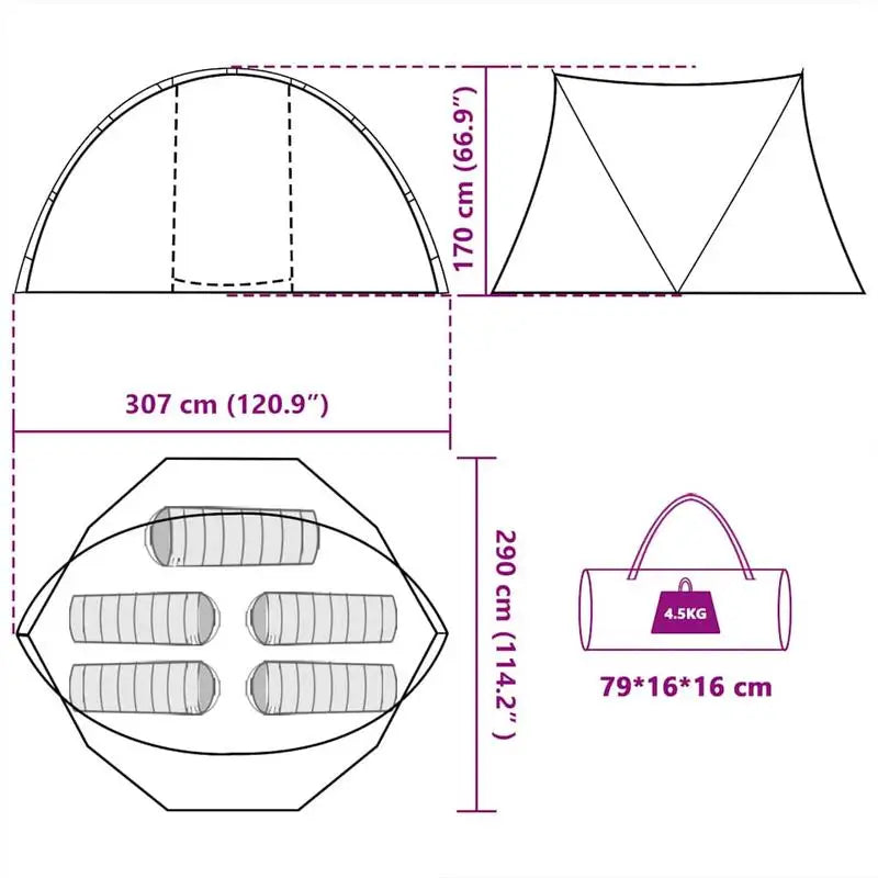 307 x 290 x 170 cm Camping tent/outdoor tent/party tent. Featuring a sturdy metal frame and durable polyester fabric, it's simple yet sophisticated, suitable for outdoor activities such as fishing, camping, and parties.