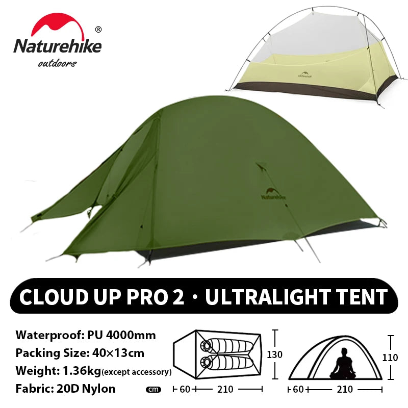 Naturehike Cloud Up 2 People Tent Ultralight 20D Camping Tent Waterproof Outdoor Hiking Travel Backpacking Cycling Fishing Tents