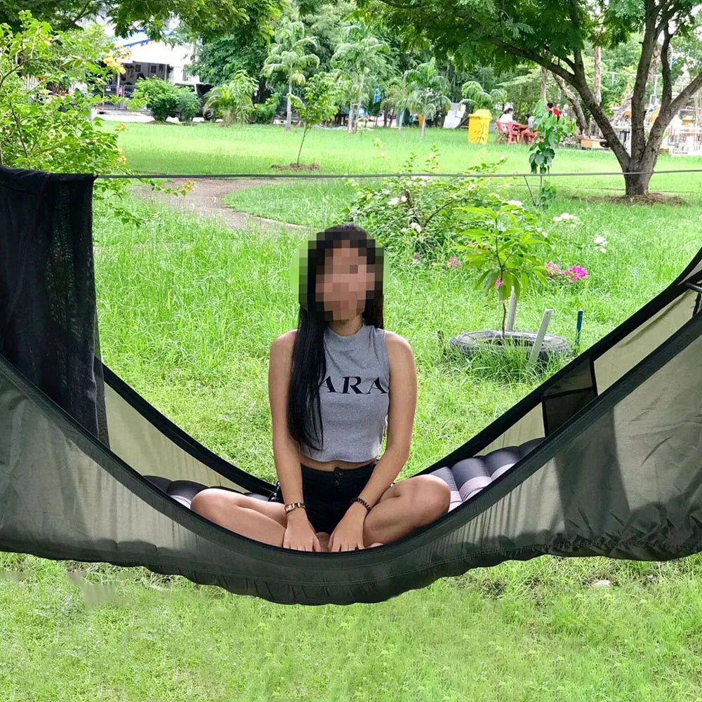 Adult Hiking Hammock With Zipper Mosquito Net Breathable Suspended Hanging Chair Bug Resistant Bed With Inflatable Seat Cushion