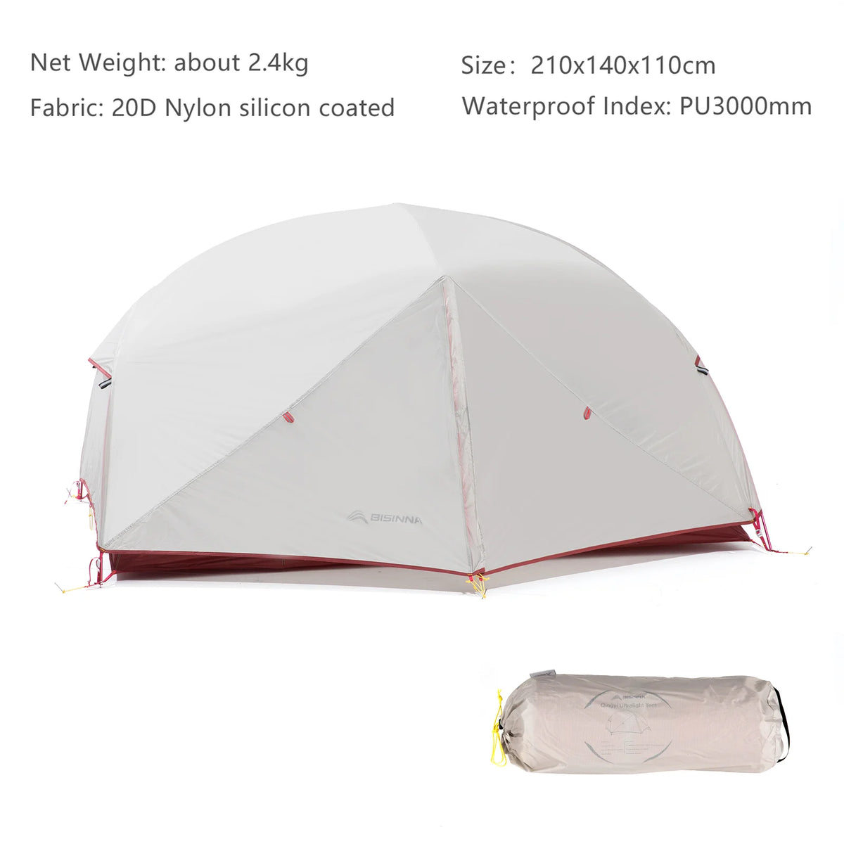BISINNA 2 Person Ultralight Camping Tent 20D 380T Nylon Double Layer Waterproof Backpacking Tent for Hiking Travel With Free Mat