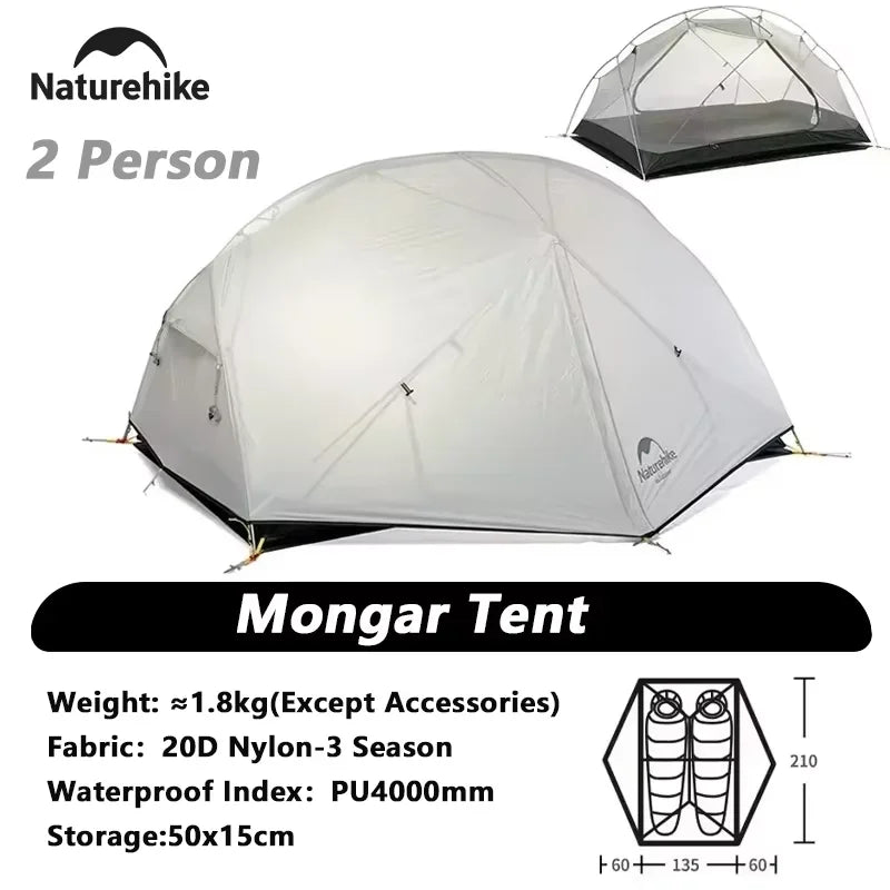 Naturehike Mongar Camping Tent 20D/210T 2 Persons Tent Ultralight Portable Double Layer Outdoor Hiking Travel 4 Season Tents