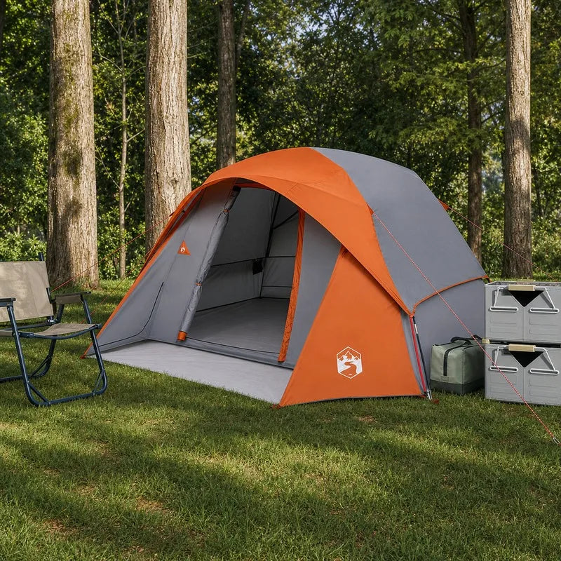 4-Person Camping Tent Gray Orange Easy Clean