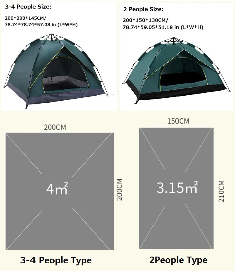 1-2/3-4 Person Fully Automatic Camping Tent Rainproof Windproof Anti-UV Pop Up Outdoor Tents For Beach Travel Backpacking Hiking