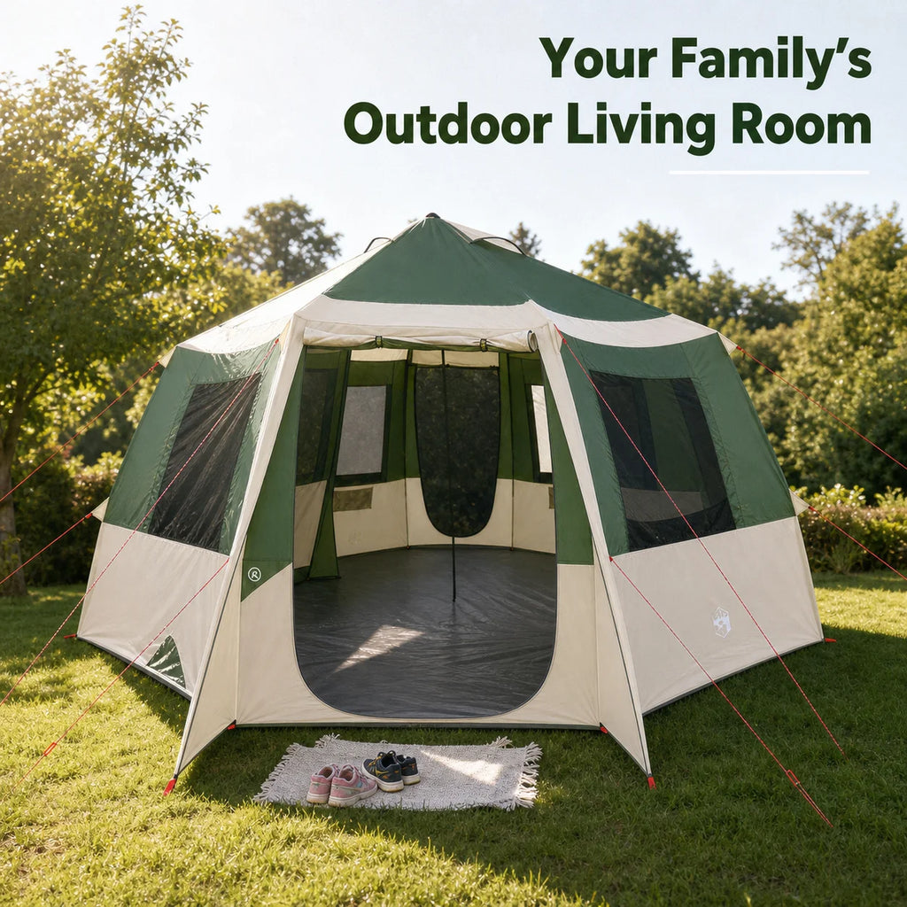Large Cabin Tent with Roof, Green & White, 405x405x273 cm, Outdoor Camping Shelter