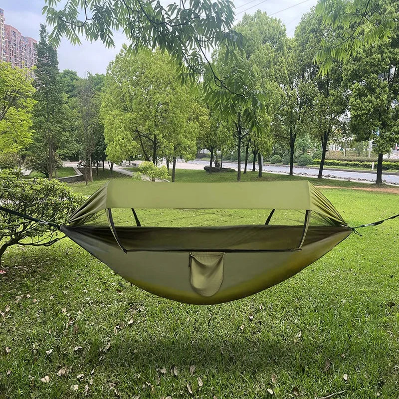 Double Hammock Outdoor Anti-Rollover with Mosquito Net Portable Nylon Camping Swing Bed & Sun Shelter for Backyard/Beach/Travel