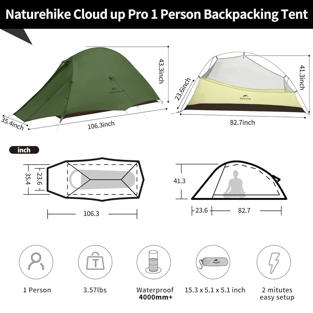 Naturehike Cloud Up Pro Tent 1 Person Lightweight Camping Tent Easy to Assemble Waterproof Tent for Outdoor Travel Trekking