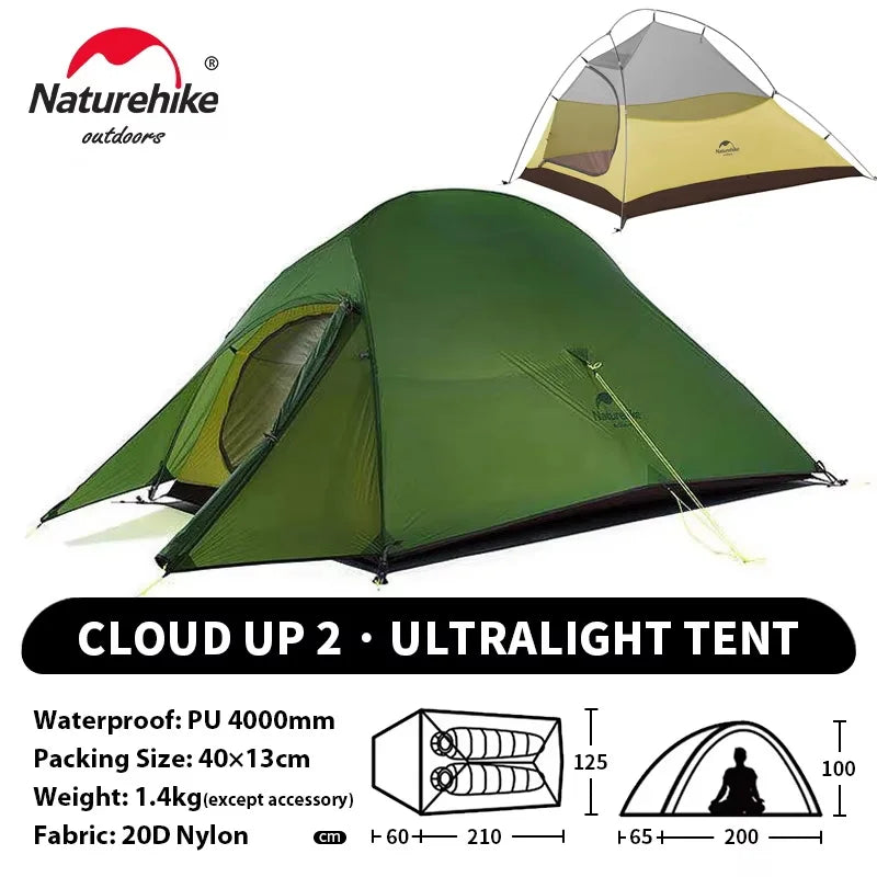 Naturehike Cloud Up 2 People Tent Ultralight 20D Camping Tent Waterproof Outdoor Hiking Travel Backpacking Cycling Fishing Tents