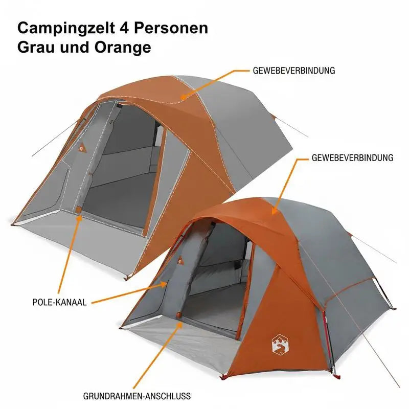 4-Person Camping Tent Gray Orange Easy Clean